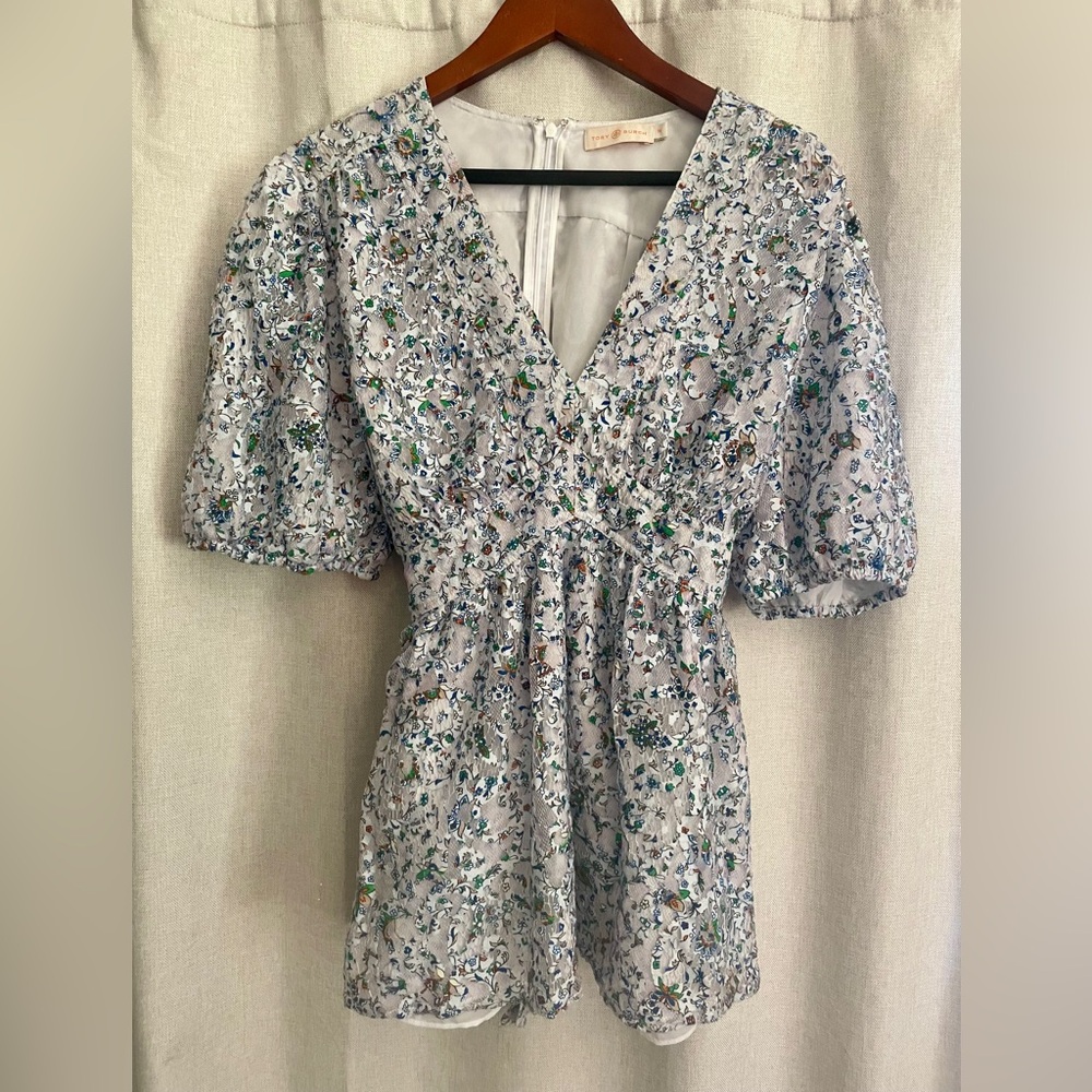 Tory Burch Floral V-Neck Puff Sleeve Women's Lace Peplum Top